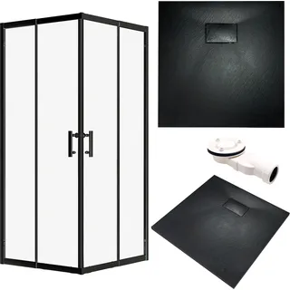 SET Duschkabine + Duschwanne 80x80 193 cm - Quadratisch Transparent Gehärtet Nano Glas 6 mm Schwarz Steinoptik SMC inkl. Siphon | BADLAND HELA VIDAR - Transparent