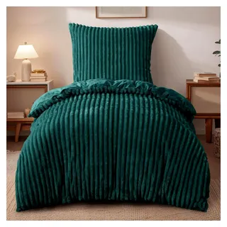 Winter Plüsch Bettwäsche 135 x 200 Grün 2-teilig - Flanell Warme Flauschige Winterbettwäsche Cord Teddy Fleece Cashmere-Touch Bettbezug mit Reißverschluss und Kissenbezug 80x80cm