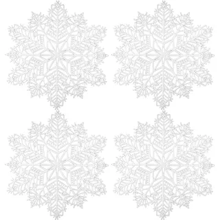 4-teiliges Tischdeckchen, silberfarben, rund, ausgehöhlt, runde Tischsets aus Kunststoff, zur Wärmedämmung von Tellern und Tischdekoration (Schneeflocken, Silber)