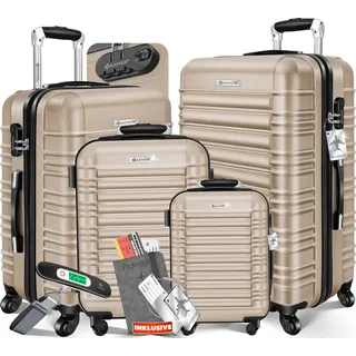KESSER® 4tlg. Hartschalenkofferset Hartschalenkoffer Reisekoffer Set Reisekofferset Trolley Koffer Inkl. Kofferwaage + Gepäckanhänger Rollkoffer Schloss 4 Rollen ABS-Hartschale Teleskopgriff S-M-L-XL - Beige