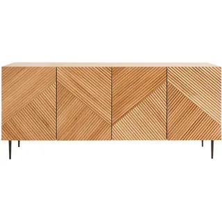 Design-Sideboard aus hellem, massiver Eiche mit Gravur und schwarzem Metall, 4 Türen, B180 cm ARCHIPEL