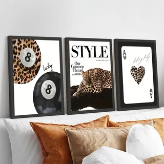 BeiYiHo 3 Bilder, Wanddekoration, Leopard, modernes Poster, Billardkugel, 8 Leoparden, Schwarz und Weiß, Wandposter, Pop Art, Kunstdruck auf Leinwand, Deko, Schlafzimmer, Jugendliche, Erwachsene