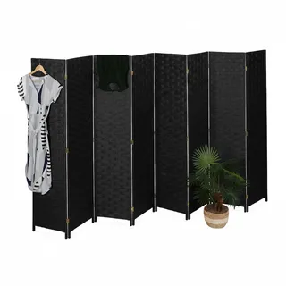 Relaxdays Paravent Raumteiler, HxB: 170x320 cm, Faltbarer Raumtrenner, 8-teiliger Sichtschutz, Holz, Papierseil, schwarz