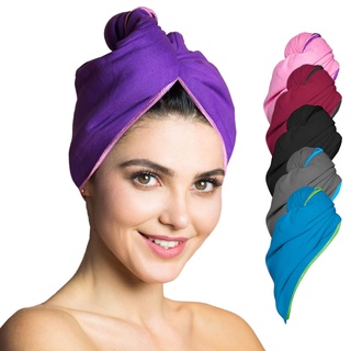 Fit-Flip Haarturban Mikrofaser - 2 Stück Haarhandtuch mit Knopf - schnelltrocknend und saugstark - Microfaser Kopf Turban - Haar Handtuch (lila-rosa)