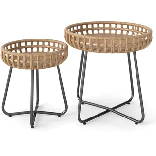 FANTASK 2er Set Rattan Beistelltisch, Rund Balkontisch mit verstellbaren Füßen & Metallrahmen, Outdoor Gartentisch, Kleiner Kaffeetisch für Balkon, Garten, Terrasse, Wohnzimmer