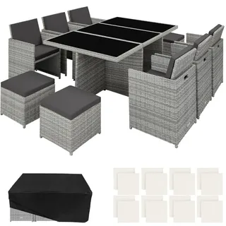 tectake Rattan Sitzgruppe New York,2 Bezugssets, zusammenschiebbar, inklusive Schutzhülle,hellgrau , Hellgrau , Kunststoff , Rechteckig , Gartenmöbel, Gartengarnituren, Gartenmöbel-Sets