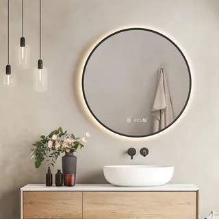 EMKE LED Badspiegel Rund 70 cm Badezimmerspiegel mit Beleuchtung Wandspiegel mit Touchschalter, Beschlagfrei, Uhr und Dimmbar - Schwarz