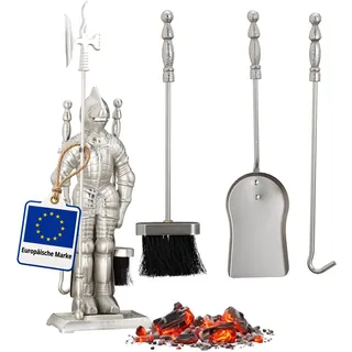 Relaxdays Kaminbesteck Ritter, Kamingarnitur Gusseisen, Kaminset 4 teilig, Schaufel, Besen, Schürhaken u. Halter, Silber