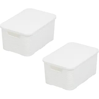 BranQ - Home essential Korb mit Deckel in Rattan Design 2er Set Grösse M 10 l, BPA-frei Kunststoff PP, Weiß, 32,3x22,5x15 cm, 2 Stk.