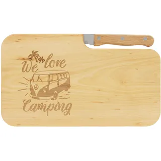 LASERHELD | Brotzeitbrett Holz mit Gravur "We Love Camping” & Messer | 26 x 15 cm | Frühstücksbrettchen Holz Schneidebrett Jausenbrett | Geschenk für Camper und Camping...