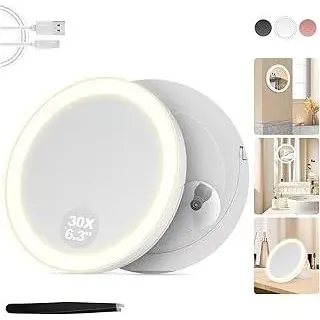 MOMOKUBA Kosmetikspiegel mit Beleuchtung, 30-Fach Vergrößerungsspiegel mit Saugnapf, 3 Farben beleuchtbar und dimmbar, für Präzisionsmake-up, Wand- oder Tischspiegel für Badezimmer, Weiß