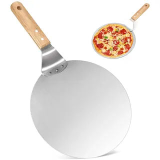 TFLPUO Pizzaschieber Holz, 10 Zoll Pizza Schieber Schaufel Peel Edelstahl Pizzawender Rund Pizzaschaufel mit Holzgriff Aufhängen für Pizza Brot Keksen und Kuchen Silber