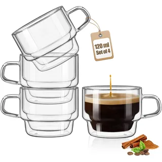 glastal Stapelbare Gläser 120ml Espresso Gläser Doppelwandige Espressotassen Glas 4er Set, Doppelwandig Kaffeegläser Teegläser Espresso Tassen Set für Tee, Milch, Geschenk für Frauen Mann