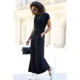 Culotte-Overall LASCANA, Damen, Gr. 36, N-Gr, schwarz, Jersey, Obermaterial: 95% Viskose, 5% Elasthan, unifarben, figurumspielend 7/8-Länge, Rundhals, Overalls Culotte-Overall, mit Knotendetail in der Taille, femininer Jumpsuit, festlich, Topseller