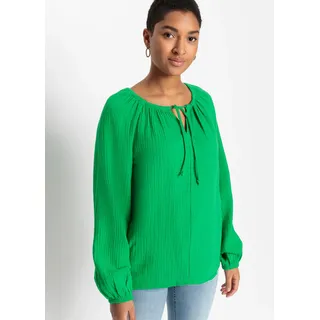 Langarmbluse BONPRIX "Musselin-Bluse aus Baumwolle", Damen, Gr. 40, grün (aloegrün), Obermaterial: 100% Baumwolle, oversize, Blusen Langarmbluse, Oversize-Passform, für vielseitige Anlässe