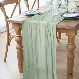 AiQInu Musselin Tischläufer, 80x300 cm Hellgrün Käsetuch Tischläufer Modern, Boho Grün Table Runner Rustikaler Gaze Tischband Läufer Waschbar für Hochzeit, Geburtstagsparty Dekor