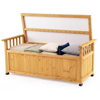 COSTWAY Gartenbox 155L Holz, Gartenbank Outdoor mit Stauraum, Gasdruckfeder & Armlehnen, wetterfeste Aufbewahrungsbank, Gartentruhe, Auflagenbox - Naturbelassen