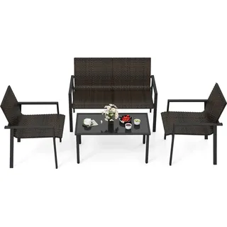 COSTWAY 4-tlg. Polyrattan Gartenmöbel Set, Sitzgruppe für 4 Personen, Sitzgarnitur inkl. 2 Stühlen, Bank & Tisch, Gartengarnitur Braun - Braun