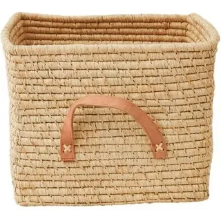 Rice Small Square Raffia Basket with Leather Handles