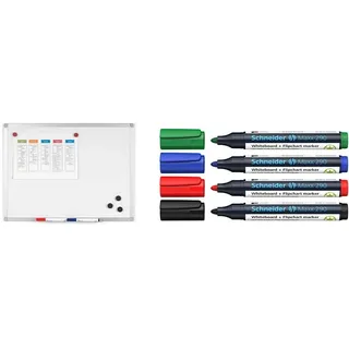 BoardsPlus Magnetisches Whiteboard 60 x 45 cm, Mit Aluminiumrahmen und Stifteablage & Schneider Maxx 290 Marker (für Whiteboards und Flipcharts, Rundspitze 2-3 mm Strichstärke) Etui mit 4 Farben