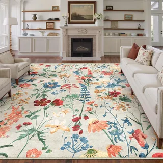 HUGEAR Beige Waschbarer Teppich Blumenmuster 240x300cm Blumen Boho Neutral Modern Rugs for Living Room Weich rutschfest Groß Tepich Kurzflor Schlafzimmer Carpet Esszimmer Bedroom Teppiche Büro