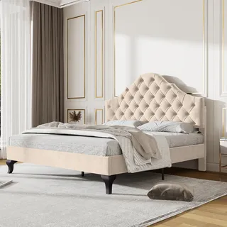 okwish Polsterbett 140*190cm, mit Lattenrost und Kopfteil, höhenverstellbares Kopfteil, Holzlattenauflage, einfache Montage, Samt, Beige - Beige