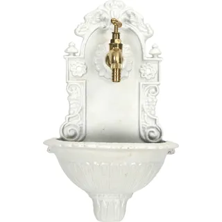Gusseiserner Wandbrunnen mit goldenem Retro-Wasserhahn - Weiß, Gold