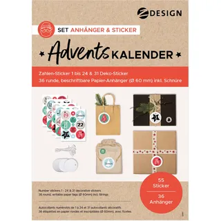 AVERY Zweckform Set Adventskalender Zahlen Anhänger (36 runde Anhänger ⌀60mm, mit Zahlenaufklebern 1-24 und Deko Stickern für Kalender zum selber basteln für Weihnachten, Nummern für Tüten) Art. 51055
