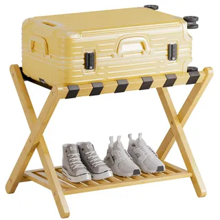 SMIBUY Gepäckträger, faltbarer Kofferständer aus Bambus mit Ablagefächern für Gästezimmer, Schlafzimmer, Hotel, Schwerlast (Naturfarben)