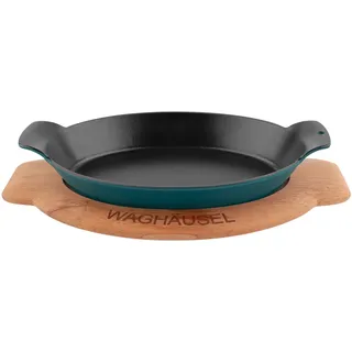 Sallys Gusseisen - Servierpfanne oval 18 x 24 cm - mit Echtholzuntersetzer - Petrol