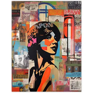 Artery8 Stencil On City Poster Wall Young Woman Portrait Over Flyposter Adverts Vibrant Colourful Bold Pop Art Modern Painting Large Wall Art Poster Print Thick Paper 18X24 Inch