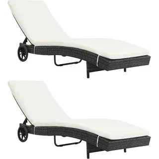 SYFAXTM Sonnenliegen 2 Stk. mit Rollen und Auflagen Poly Rattan Schwarz - Schwarz