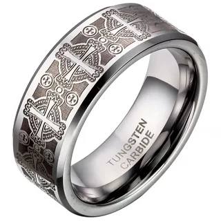 JewelryWe Schmuck Triton Herren-Ring Damen-Ring Wolframcarbid Ring Unisex mit Laser geätzten Kreuz Hochzeitband Verlobungsring 8mm Breite Größe 54 bis 67