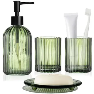 Grünes Badezimmer-Accessoire-Set, komplettes Set aus Glas, bestehend aus Seifenspender, Zahnbürstenhalter, Mundwasserbecher und Seifenschale zur Dekoration von Badezimmer und Waschtischplatte
