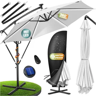 KESSER® Ampelschirm Alu Sonnenschirm mit LED Solar Inkl. Abdeckung & Fernbedienung - Weiß
