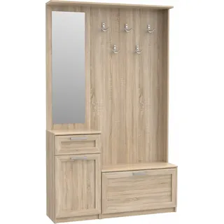 Furniture24 Garderobe NIKO NIKD04 Flurgarderobe, Flur, Dielengarderobe mit 1 Tür, 1 Klapptür, Spiegel, Schublade und 5 Kleiderhaken Sonoma Eiche - Braun