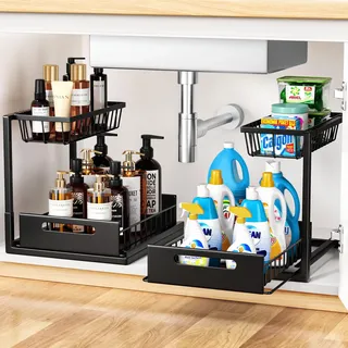 Cocolemon Metall Unter Waschbecken Regal, 2 Stücke Küche Schrank Organizer mit Schublade, Große Kapazität Unterschrankregal, Gewürzregal und Küchenhelfer für Küche, Bad, Unterschrank, Schwarz