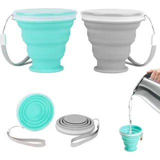 Faltbarer Becher, 2er-Set mit Deckel – Ausziehbarer Becher für Wasser, Saft, Camping, Bergsteigen, Picknicks und Strand
