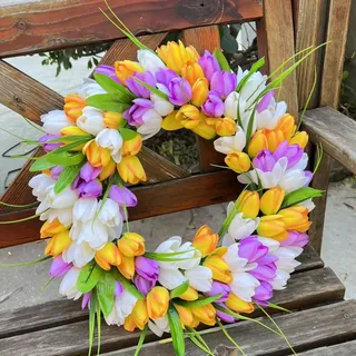 45 cm Künstliche Tulpenkränze, Tulpen Kranz Künstliche Tulpe Blumenkranz, Frühling Simulation Kranz, Blumenzweige, Blumen Frühlings Türkranz Kranz für Zuhause, Hochzeitsdekoration (Lila,45cm)