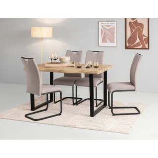 HELA Essgruppe »GISELLE Esszimmer, Essgruppe, Sitzgruppe TOPSELLER!«, (Set, 5 tlg., 5er Set, Tisch plus 4 Stühle), Esstisch U-Gestell Metall, Tischplatte mit Baumkante, braun