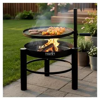 Feuerschale mit Grillrost Ø 50 cm | Höhenverstellbarer Grillrost, 2-in-1 Feuerkorb | Mobile Feuerstelle, Holzkohlegrill, Dreibein Feuertonne, Grill Feuerschale, Feuerwanne