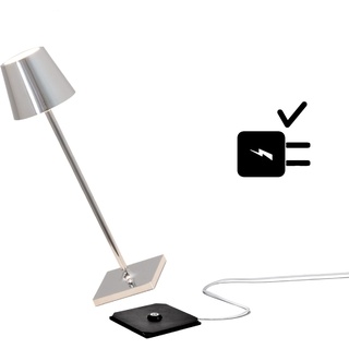 Zafferano Poldina Pro Micro Kabellose LED-Tischlampe Wiederaufladbar 2200-2700-3000K, IP65 Innen/Außeneinsatz, Lange Lebensdauer, Aluminium, H27.5cm mit Mehrfach-USB-Ladegerät (EU/UK/US) - Silber