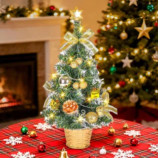Kleiner Weihnachtsbaum mit Beleuchtung, 45CM Künstlicher Mini Weihnachtsbaum mit Stern und Deko, Geschmückter Tisch Weihnachtsbaum für Zuhause Büro Indoor, Fertig Geschmückter Weihnachtsbaum Geschenk