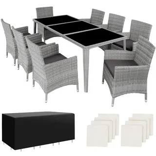 tectake Rattan Sitzgruppe Menorca,2 Bezugssets, inklusive Schutzhülle,hellgrau , Kunststoff , Rechteckig , Gartenmöbel, Gartengarnituren, Gartenmöbel-Sets