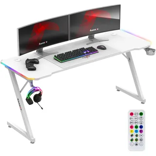 Huzaro Hero 4.8 RGB | LED Gaming PC Tisch Schreibtisch | Inklusive Mauspad | Kopfhörerhaken Getränkehalter | Kabelorganisator | 160x60cm | Weiß - Weiß