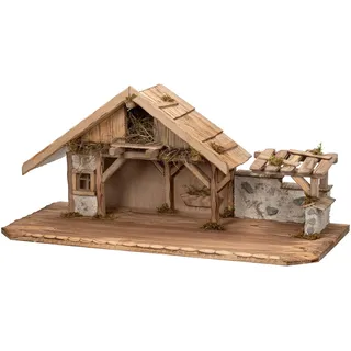 Bonetti Große Weihnachtskrippe | aus Holz und Gips gefertigt | mit Moos, Steinen und Stroh geschmückt | sehr detailreiche Krippe (ca. 70 x 30 x 31 cm (BxTxH))