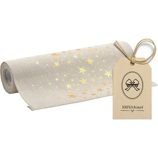 100%Mosel Tischläufer Leinenoptik Natur, Sterne in Gold, (28 cm x 5 m), Tischband, edle Tischdeko für Weihnachten & Adventszeit, Festliche Dekoration zu besonderen Anlässen