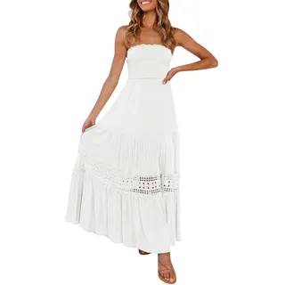 Maxikleid Damen Elegant Langes Sommer Boho Maxi Kleid Sommerkleid Lang Luftig Leicht Strandkleid,Bandeau,Rückenfrei,Swing,A Line mit Spitzenbesatz