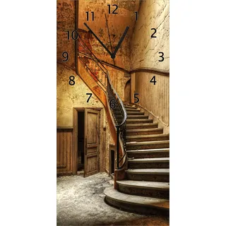 Wallario Design Wanduhr Rustikale Holztreppe aus Echtglas, Größe 30 x 60 cm - Schwarz