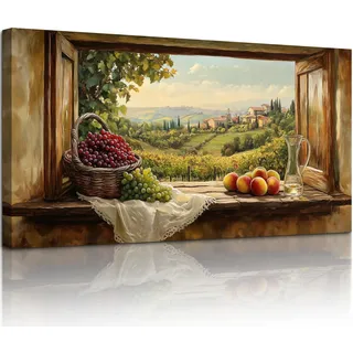 MHARTK66 Fensterblick Weinberg Landschaft Leinwandbild, 59x119 cm XXL Wandbilder Obst Esszimmer Bilder Aesthetic, Mediterranes Ländchen Wanddeko Kunstdruck Küche Wohnzimmer Schlafzimmer Flur
